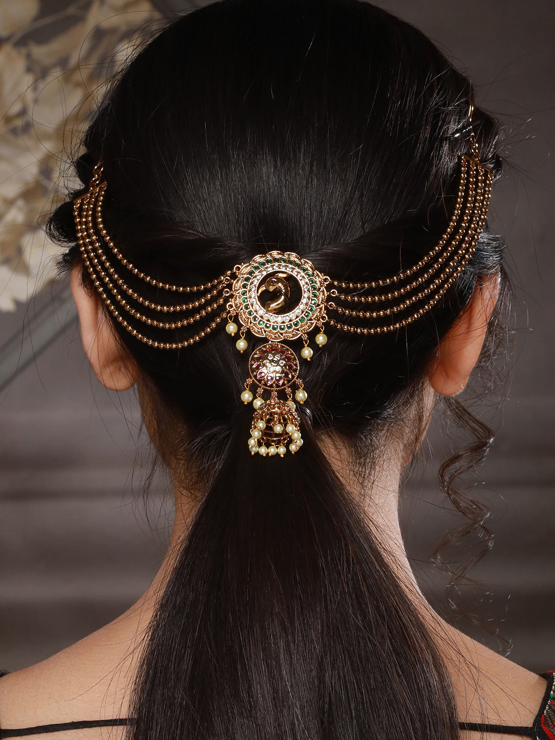 Gold Plated Kemp Studded Pearl Beaded Peacock Motif Bridal 3 layered chain Jadai billai Hair broach