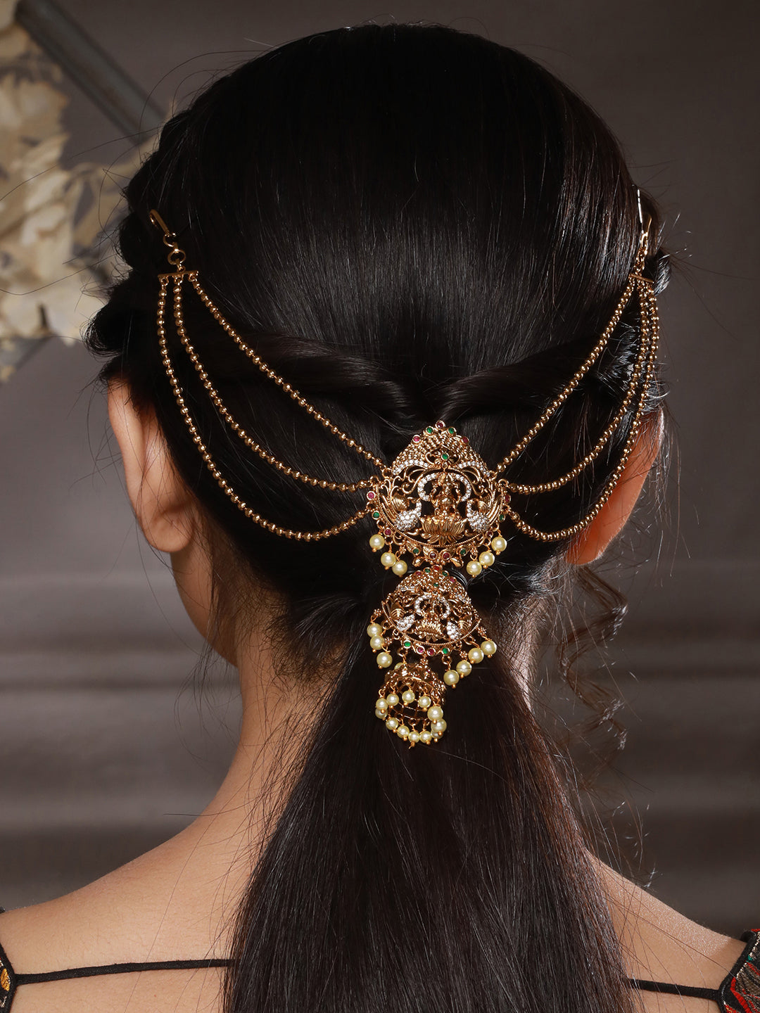 Gold Plated Red Kemp & Pearl Beaded  Shri Lakshmi Design Bridal  3 layered Chain Hair Brooch Jadai Billai