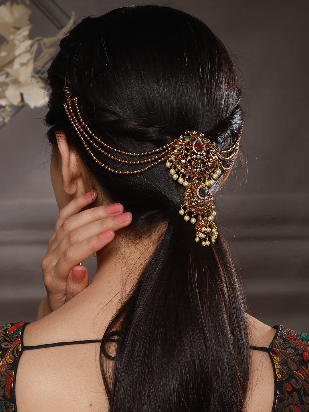Gold Plated Kempo Studded & Pearl Beaded Floral  Layered Chain Jadai Billai Hair BroochMathapati