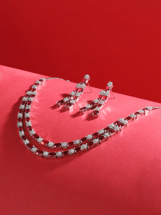 White Rhodium Plated Red AD studded Double layered Designer Jewellery Set, zaveri pearls, sale price rs, sale price, sale gold plated, sale gold, sale, rubans, ring, regular price, priyassi j