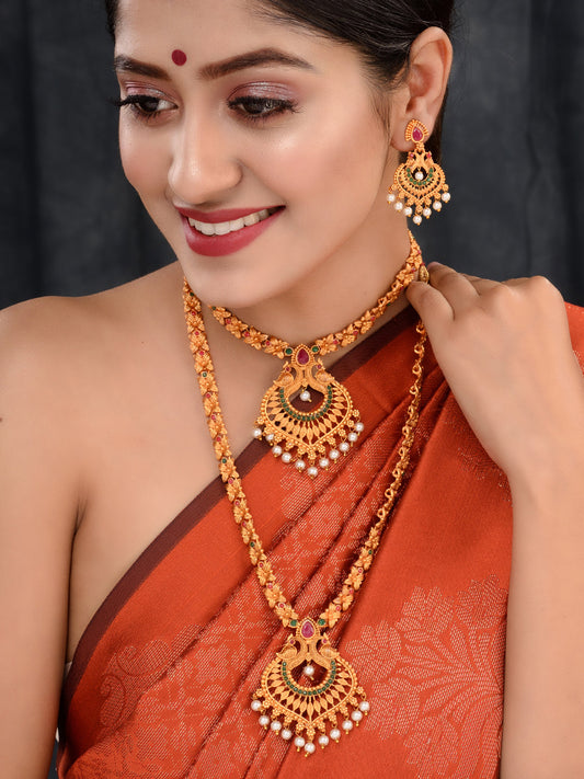 Gold Toned Grand South Indian Imitation Bridal Temple Jewellery Set, zaveri pearls, sale price rs, sale price, sale gold plated, sale gold, sale, rubans, ring, regular price, priyassi jewelle