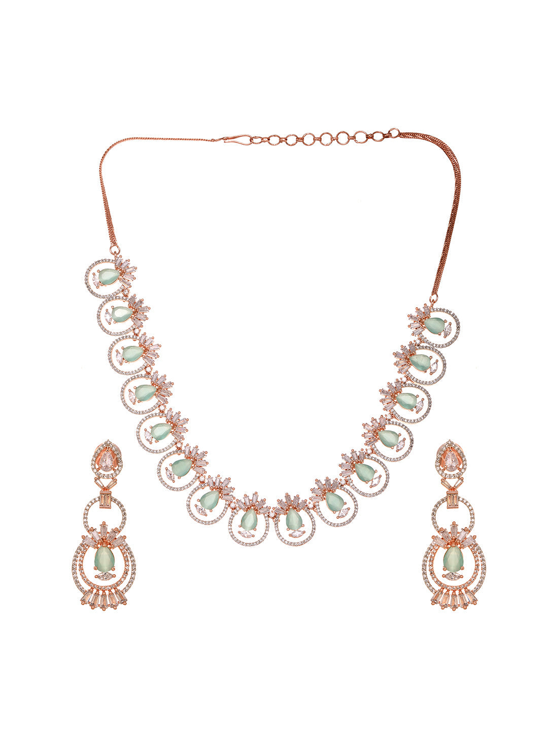 Rosegold Plated Mint AD studded Necklace Earrings Jewellery Set, zaveri pearls, sale price rs, sale price, sale gold plated, sale gold, sale, rubans, ring, regular price, priyassi jewellery, 
