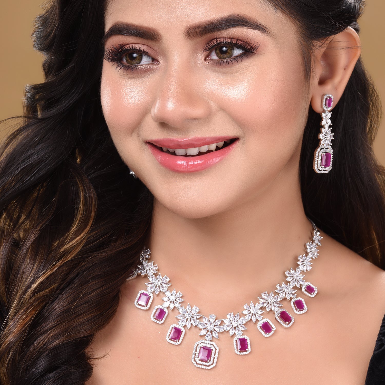 White Rhodium Plated Red AD studded Necklace Earrings Jewellery Set, zaveri pearls, sale price rs, sale price, sale gold plated, sale gold, sale, rubans, ring, regular price, priyassi jewelle