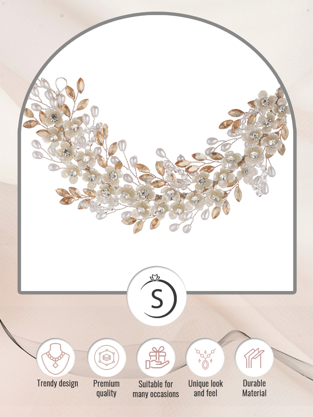 Gold Toned Off White Floral Pearl Embellished Hair Styling Tiara, zaveri pearls, sale price rs, sale price, sale gold plated, sale gold, sale, rubans, ring, regular price, priyassi jewellery,