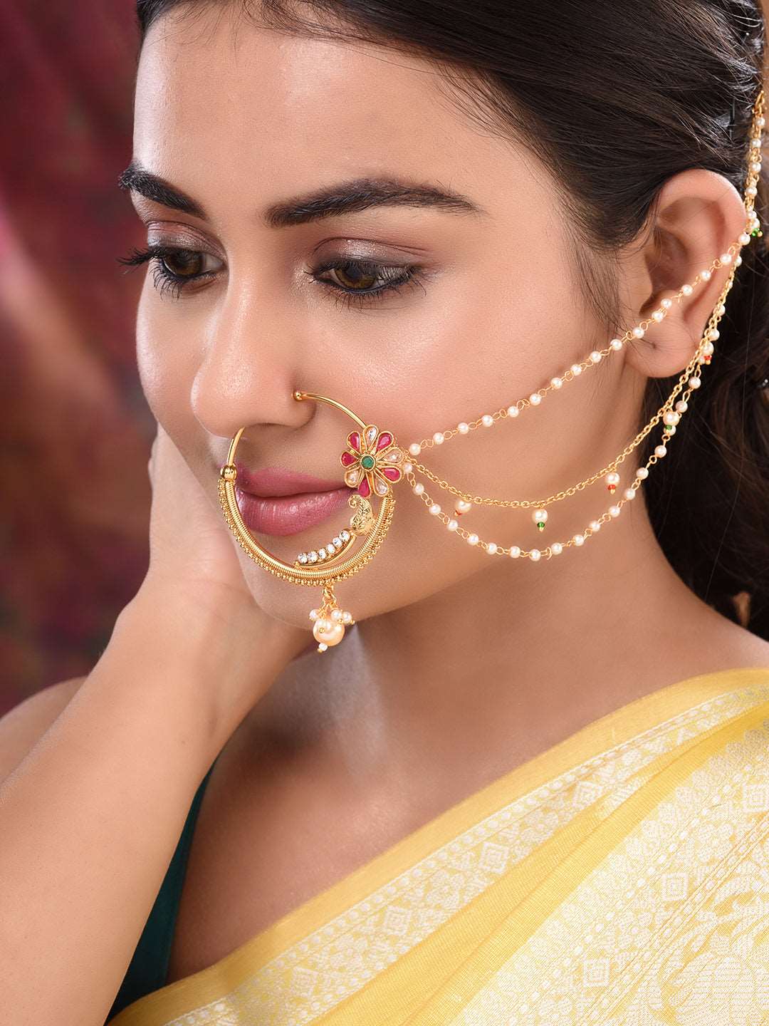 Gold Plated Red & White Pearl Beaded &Studded Bridal Nose Ring, zaveri pearls, sale price rs, sale price, sale gold plated, sale gold, sale, rubans, ring, regular price, priyassi jewellery, k