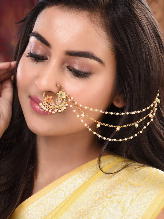 Gold plated Red& White Pearl Beaded Floral Nose Ring, zaveri pearls, sale price rs, sale price, sale gold plated, sale gold, sale, rubans, ring, regular price, priyassi jewellery, kushal's - 