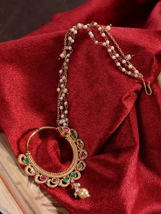 Gold Toned Pearl Beaded & kundan Studded Jodha Nose Ring Chain, zaveri pearls, sale price rs, sale price, sale gold plated, sale gold, sale, rubans, ring, regular price, priyassi jewellery, k