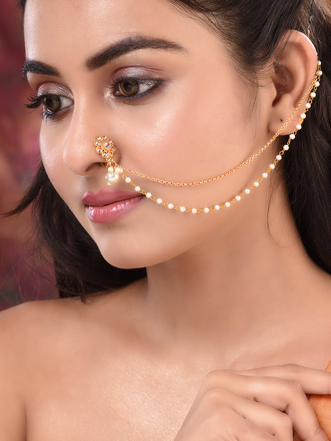 Gold Plated White Stone Studded & Pearl Nose Ring Nath, zaveri pearls, sale price rs, sale price, sale gold plated, sale gold, sale, rubans, ring, regular price, priyassi jewellery, kushal's 