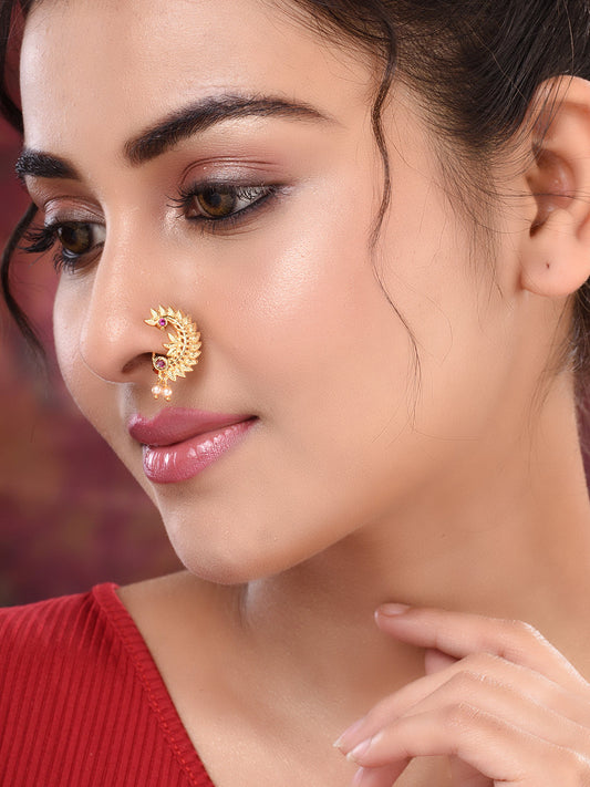 Gold toned Red stone Studded Marathi Nath Nosepin, zaveri pearls, sale price rs, sale price, sale gold plated, sale gold, sale, rubans, ring, regular price, priyassi jewellery, kushal's - Sar