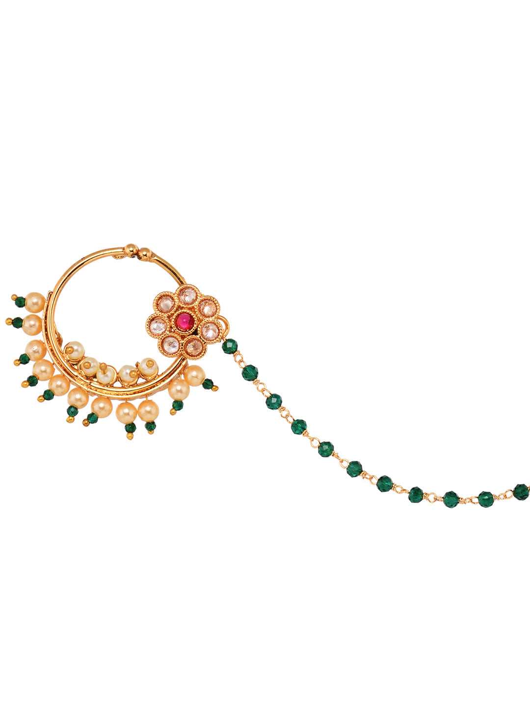 Gold Plated Studded & Beaded Floral Nose Ring Chain, zaveri pearls, sale price rs, sale price, sale gold plated, sale gold, sale, rubans, ring, regular price, priyassi jewellery, kushal's - S