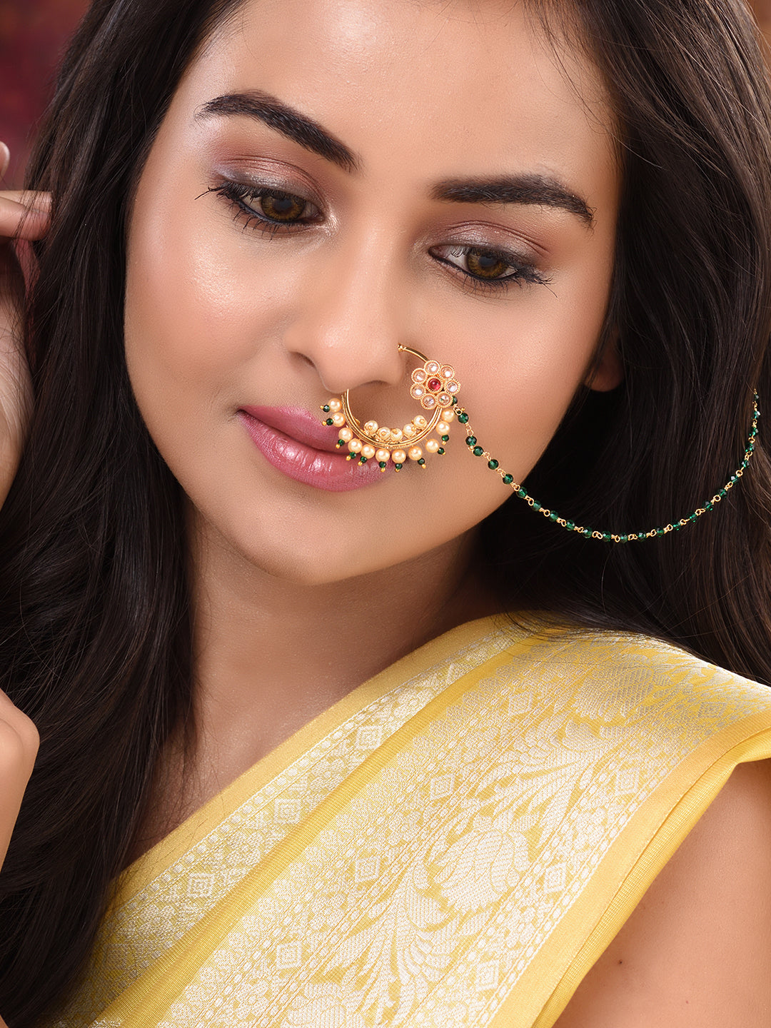 Gold Plated Studded & Beaded Floral Nose Ring Chain, zaveri pearls, sale price rs, sale price, sale gold plated, sale gold, sale, rubans, ring, regular price, priyassi jewellery, kushal's - S