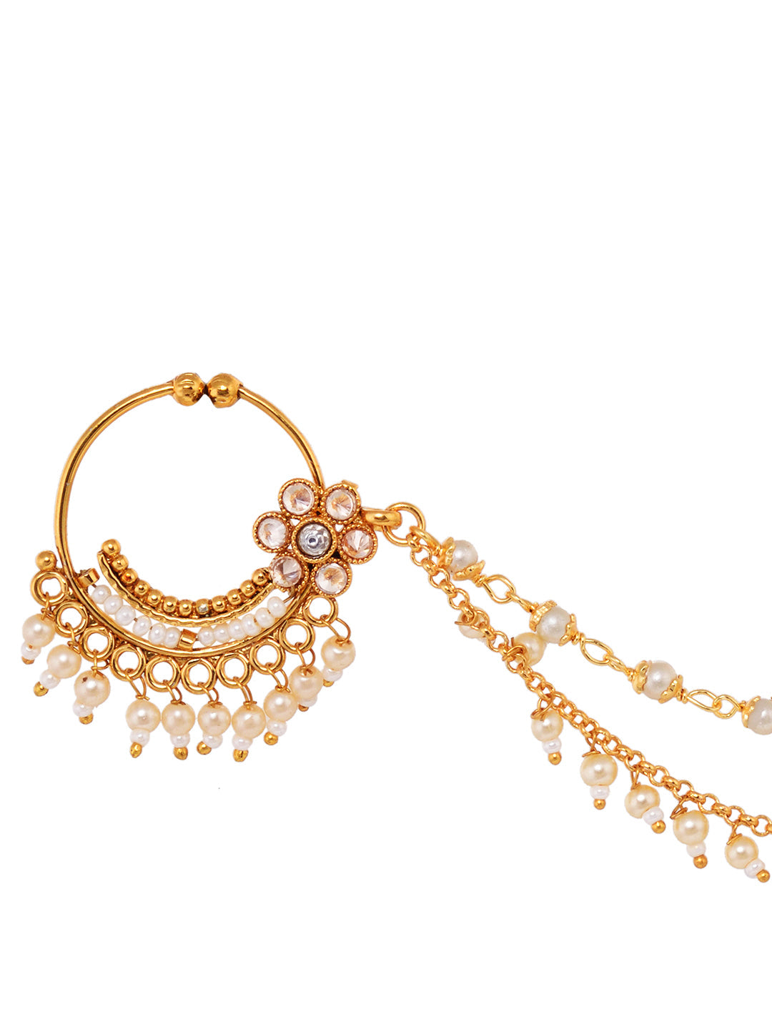 Gold Toned White Pearl Beaded Designer Nath Nose Ring Chain, zaveri pearls, sale price rs, sale price, sale gold plated, sale gold, sale, rubans, ring, regular price, priyassi jewellery, kush