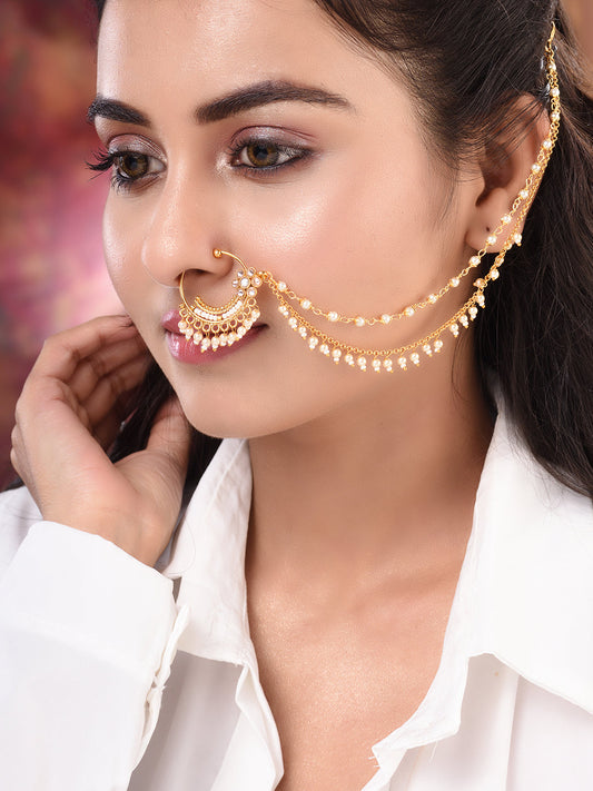 Gold Toned White Pearl Beaded Designer Nath Nose Ring Chain, zaveri pearls, sale price rs, sale price, sale gold plated, sale gold, sale, rubans, ring, regular price, priyassi jewellery, kush