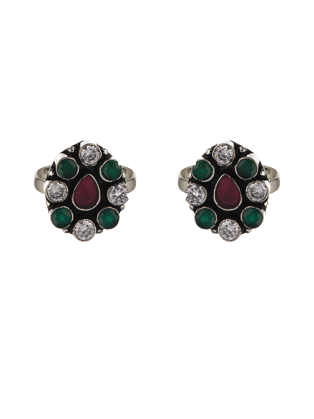 Set of 2  Silver Toned Red & Green Stone Studded Adjustable Toe Ring, zaveri pearls, sale price rs, sale price, sale gold plated, sale gold, sale, rubans, ring, regular price, priyassi jewell