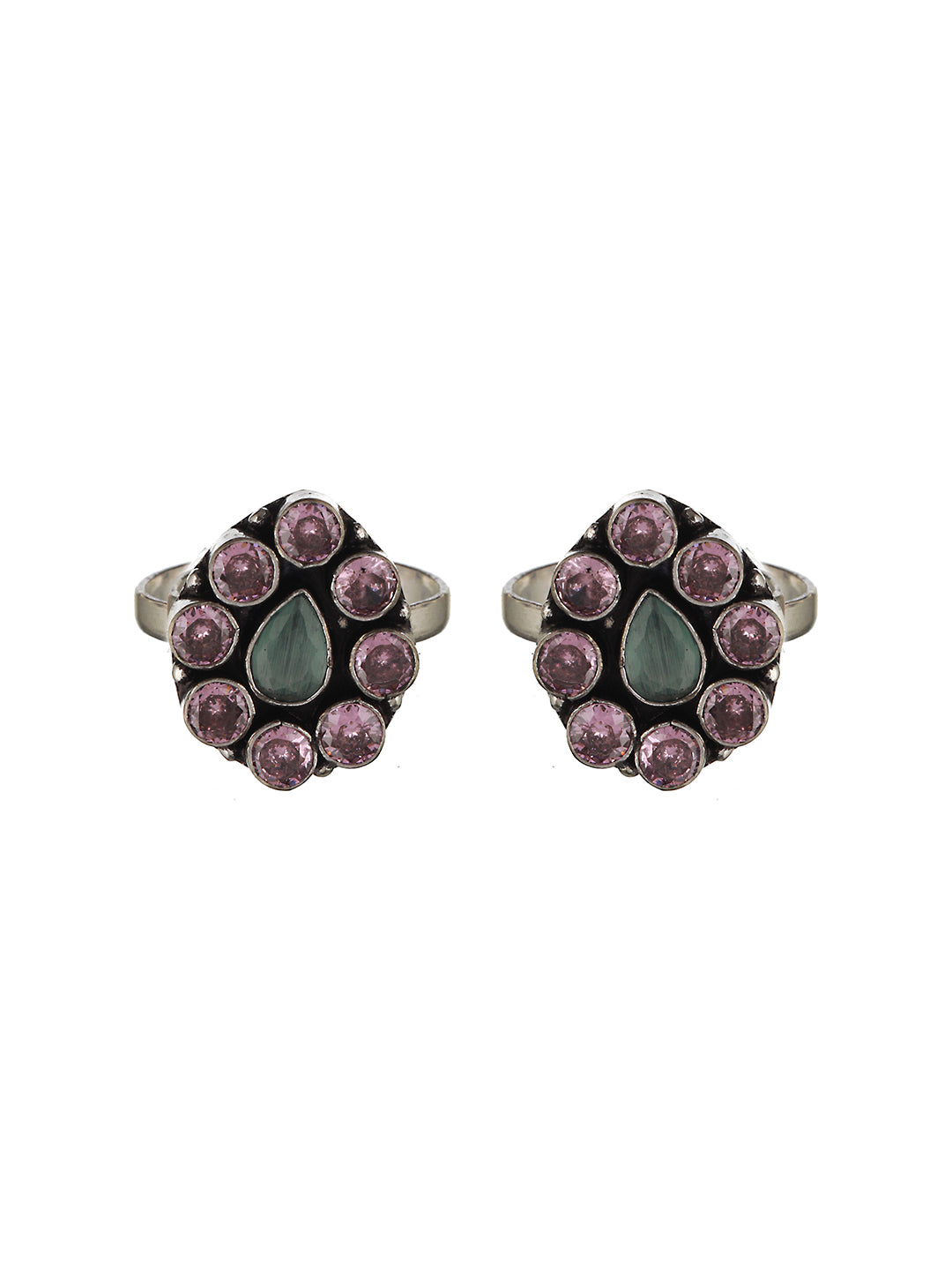 Set of 2 Silver Oxidised Pink AD Studded Floral Toe Rings, zaveri pearls, sale price rs, sale price, sale gold plated, sale gold, sale, rubans, ring, regular price, priyassi jewellery, kushal