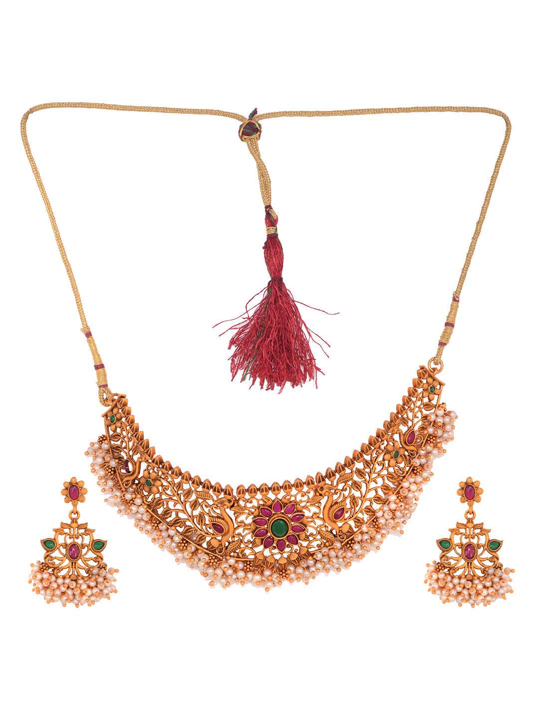 Gold Plated Red Kempo & Pearl Beaded Temple Choker Necklace Set, zaveri pearls, sale price rs, sale price, sale gold plated, sale gold, sale, rubans, ring, regular price, priyassi jewellery, 