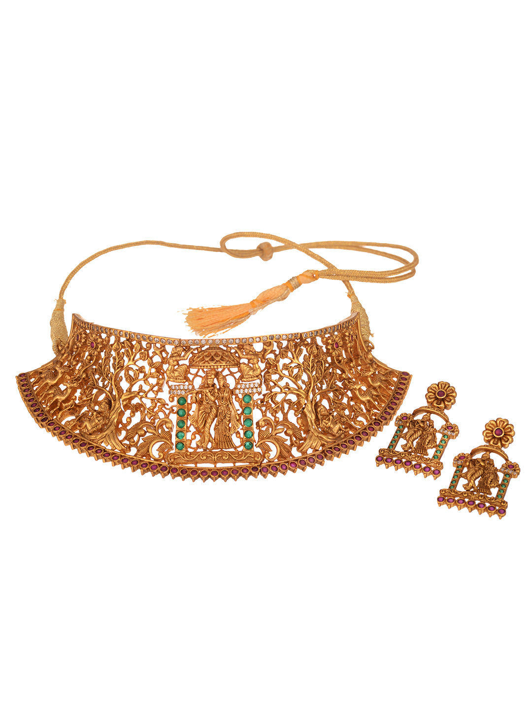 GoldPlated Green AD Studded Radha Krishna Temple Jewellery Set, zaveri pearls, sale price rs, sale price, sale gold plated, sale gold, sale, rubans, ring, regular price, priyassi jewellery, k