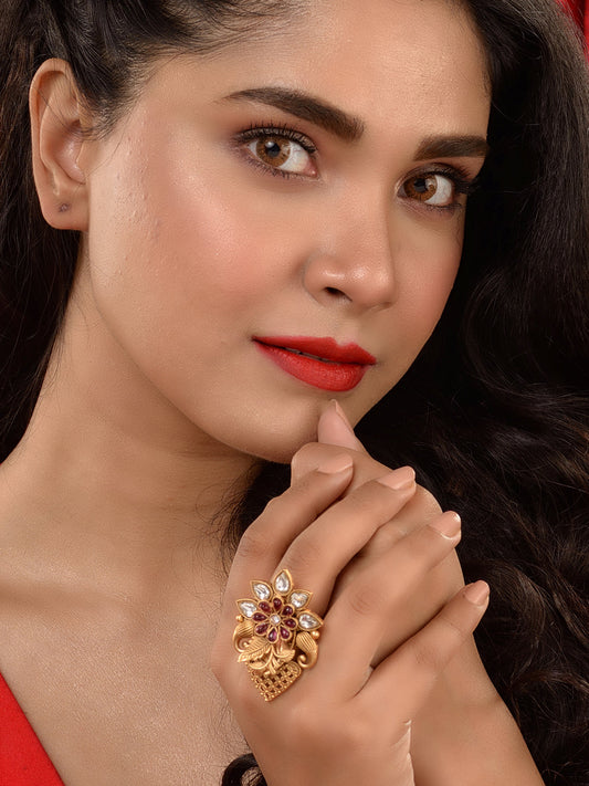 GoldPlated Red AD Studded Floral Adjustable Finger Ring, zaveri pearls, sale price rs, sale price, sale gold plated, sale gold, sale, rubans, ring, regular price, priyassi jewellery, kushal's