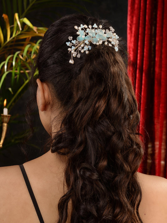 Silver Toned & Blue Stocking Flowers Beaded Hair Accessory, zaveri pearls, sale price rs, sale price, sale gold plated, sale gold, sale, rubans, ring, regular price, priyassi jewellery, kusha