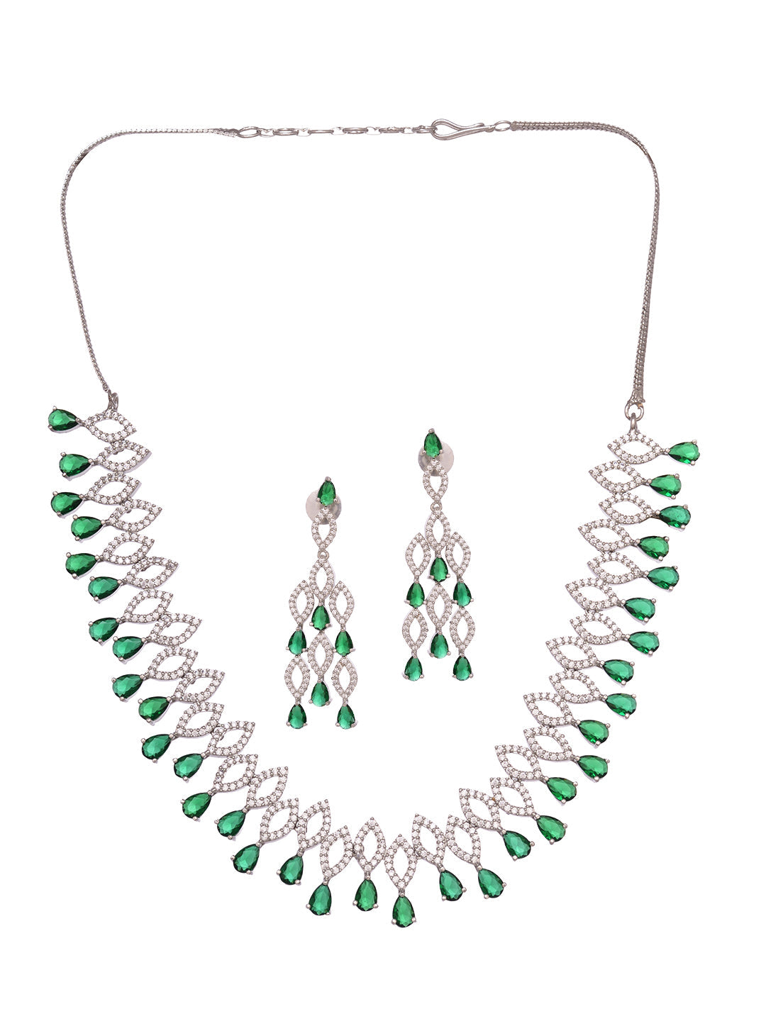 Silver Plated Green AD studded Chandelier Necklace Jewellery Set, zaveri pearls, sale price rs, sale price, sale gold plated, sale gold, sale, rubans, ring, regular price, priyassi jewellery,
