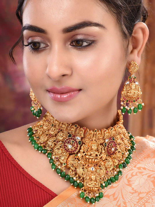 Gold Plated kemp stone studded Lakshmi Design Dangling Green Beads Temple Choker Jewellery Set, zaveri pearls, sale price rs, sale price, sale gold plated, sale gold, sale, rubans, ring, regu