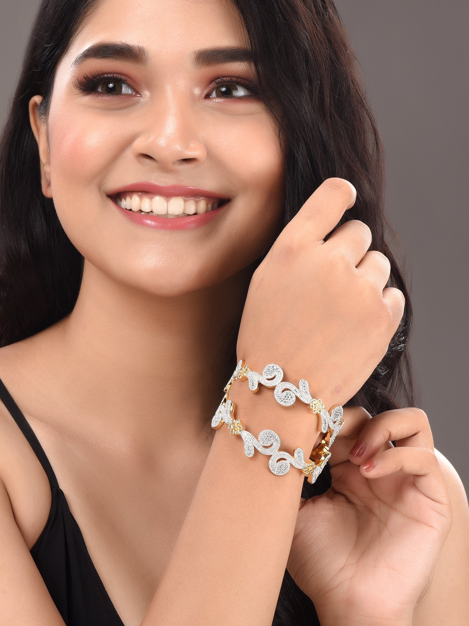 Set Of 2 Dua Toned Gold Plated Whitee AD Studded Handcrafted Leafy Design Bangles, zaveri pearls, sale price rs, sale price, sale gold plated, sale gold, sale, rubans, ring, regular price, pr