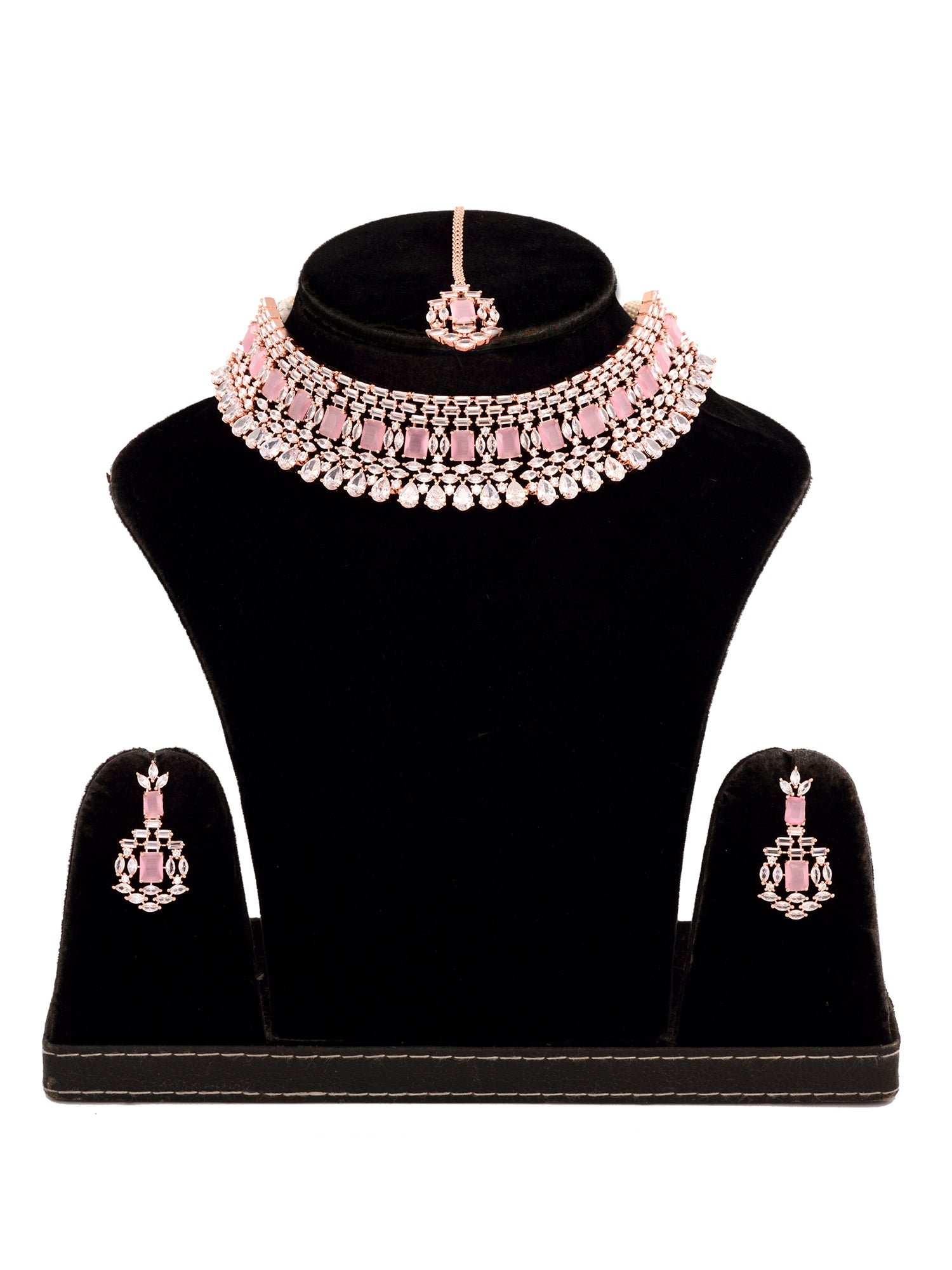 Rose Gold Plated Pink & White AD Studded Choker Earrings &Maang Tika Jewellery Set, zaveri pearls, sale price rs, sale price, sale gold plated, sale gold, sale, rubans, ring, regular price, p