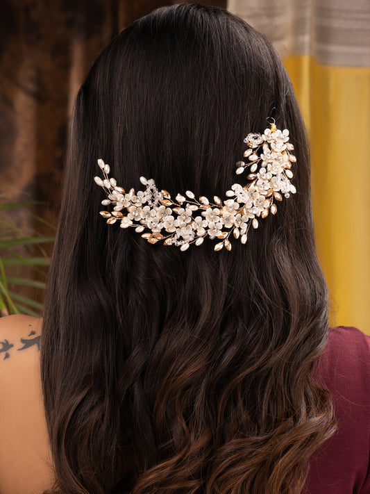 Gold Toned Off White Floral Pearl Embellished Hair Styling Tiara, zaveri pearls, sale price rs, sale price, sale gold plated, sale gold, sale, rubans, ring, regular price, priyassi jewellery,