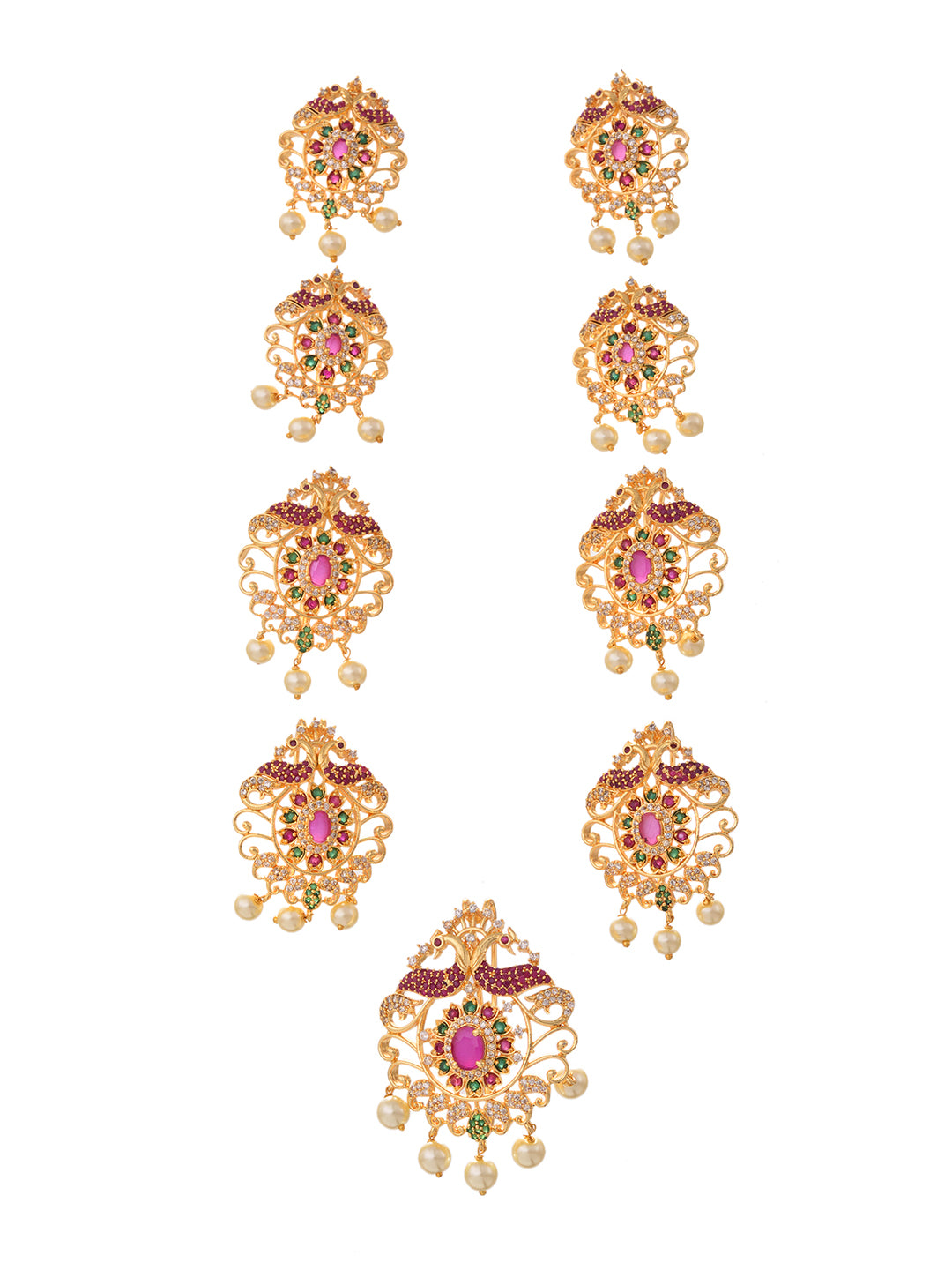 Set Of 9 Gold Toned Red AD Studded & Pearl Beads Choti Jadai, zaveri pearls, sale price rs, sale price, sale gold plated, sale gold, sale, rubans, ring, regular price, priyassi jewellery, kus