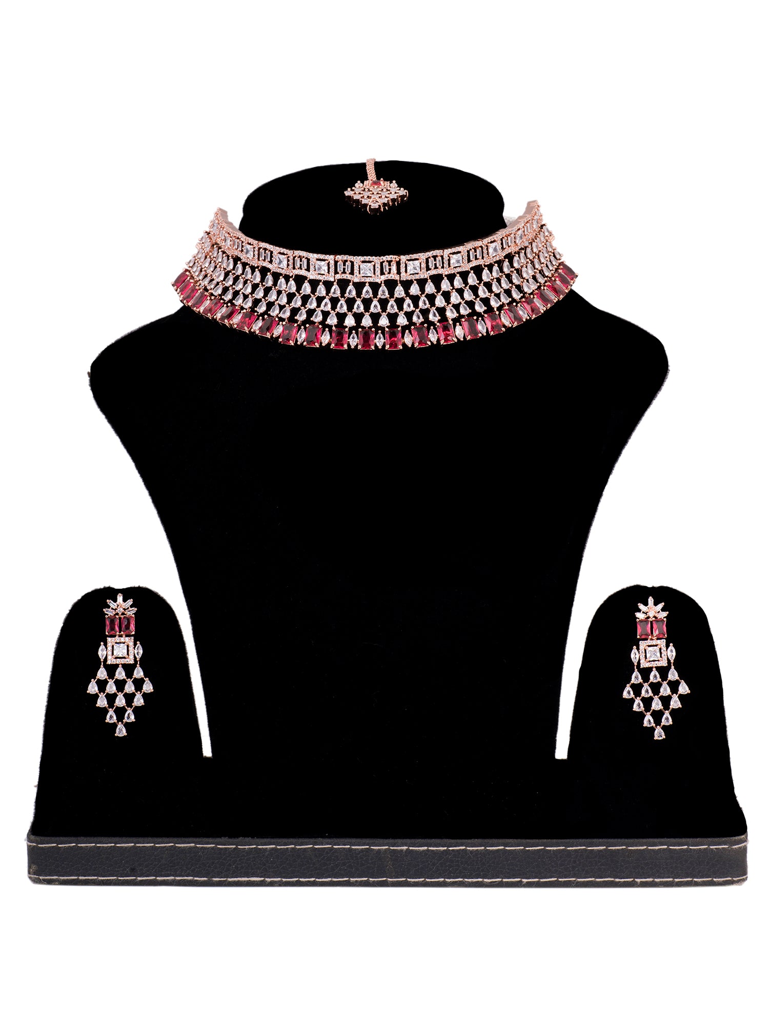 Rose Gold Plated White & Red AD Studded Choker Jewellery Set Earrings & tika, zaveri pearls, sale price rs, sale price, sale gold plated, sale gold, sale, rubans, ring, regular price, priyass