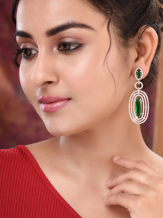 Rose Gold Plated Green AD Studded Oval Statement Earrings, zaveri pearls, sale price rs, sale price, sale gold plated, sale gold, sale, rubans, ring, regular price, priyassi jewellery, kushal