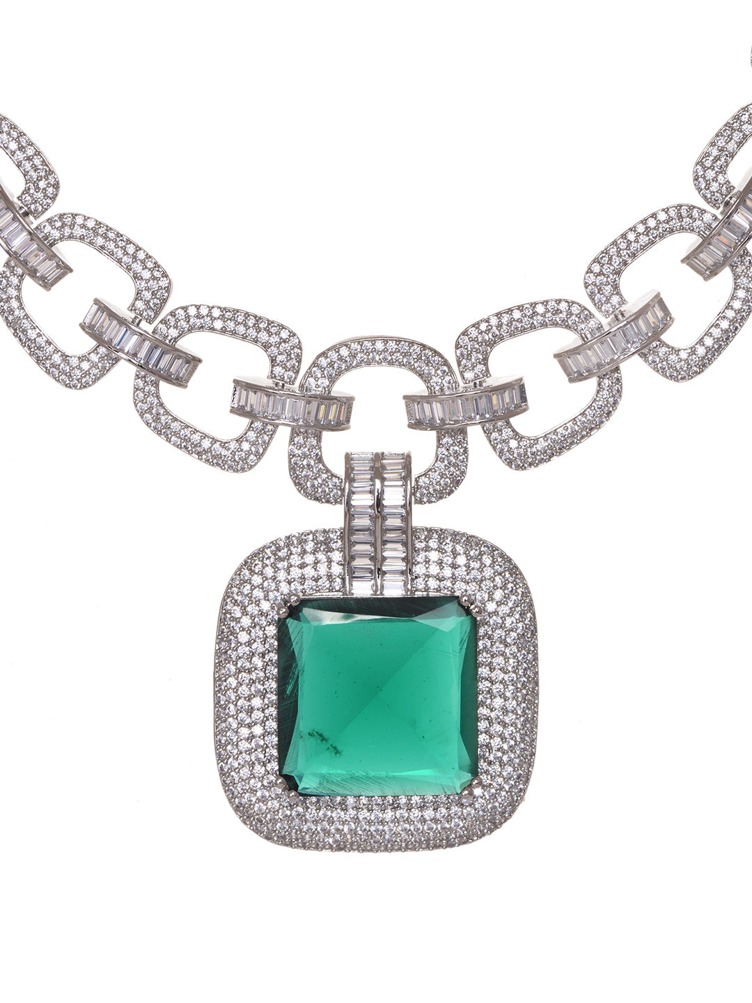 Silver Plated Green AD Studded Statement Necklace Jewellery Set, zaveri pearls, sale price rs, sale price, sale gold plated, sale gold, sale, rubans, ring, regular price, priyassi jewellery, 