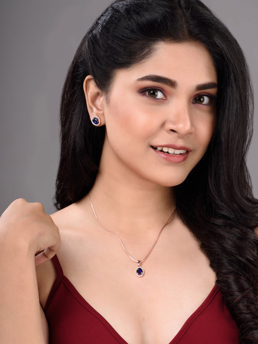 Rose Gold Plated Blue AD Solitaire pendant Locket Set Earrings and Chain, zaveri pearls, sale price rs, sale price, sale gold plated, sale gold, sale, rubans, ring, regular price, priyassi je