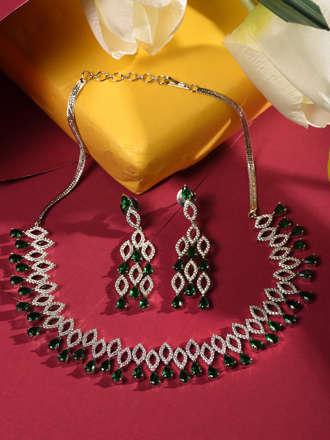 Silver Plated Green AD studded Chandelier Necklace Jewellery Set, zaveri pearls, sale price rs, sale price, sale gold plated, sale gold, sale, rubans, ring, regular price, priyassi jewellery,