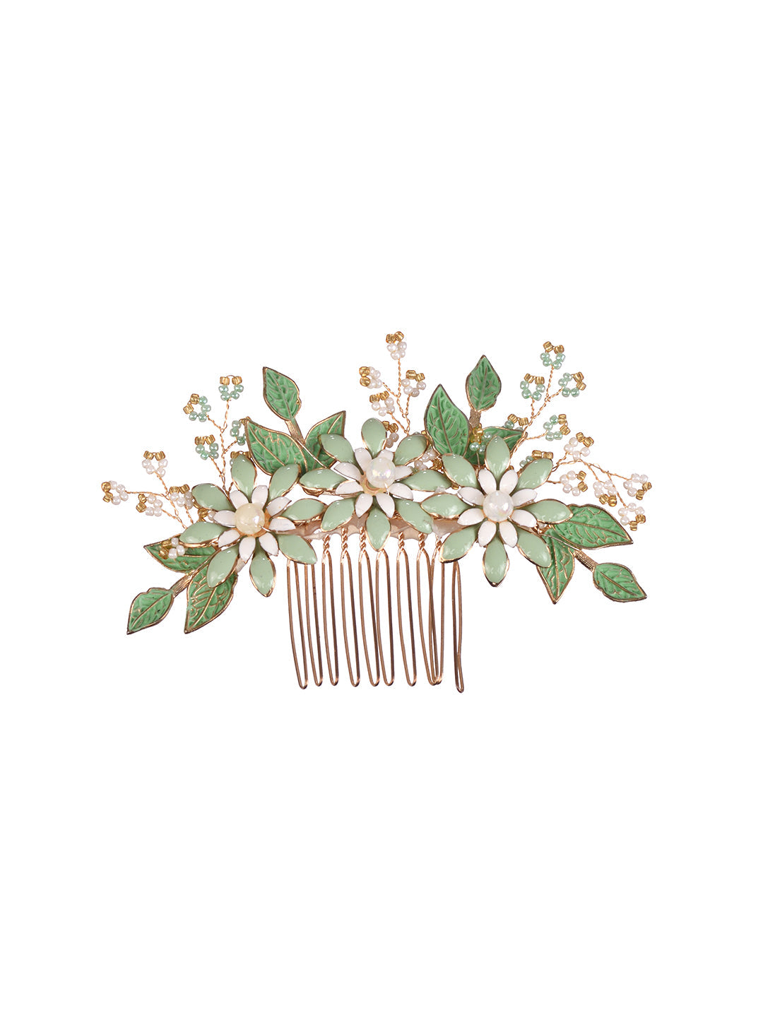 Green Gold Toned Enamelled Pearl Embellished Comb Pin, zaveri pearls, sale price rs, sale price, sale gold plated, sale gold, sale, rubans, ring, regular price, priyassi jewellery, kushal's -