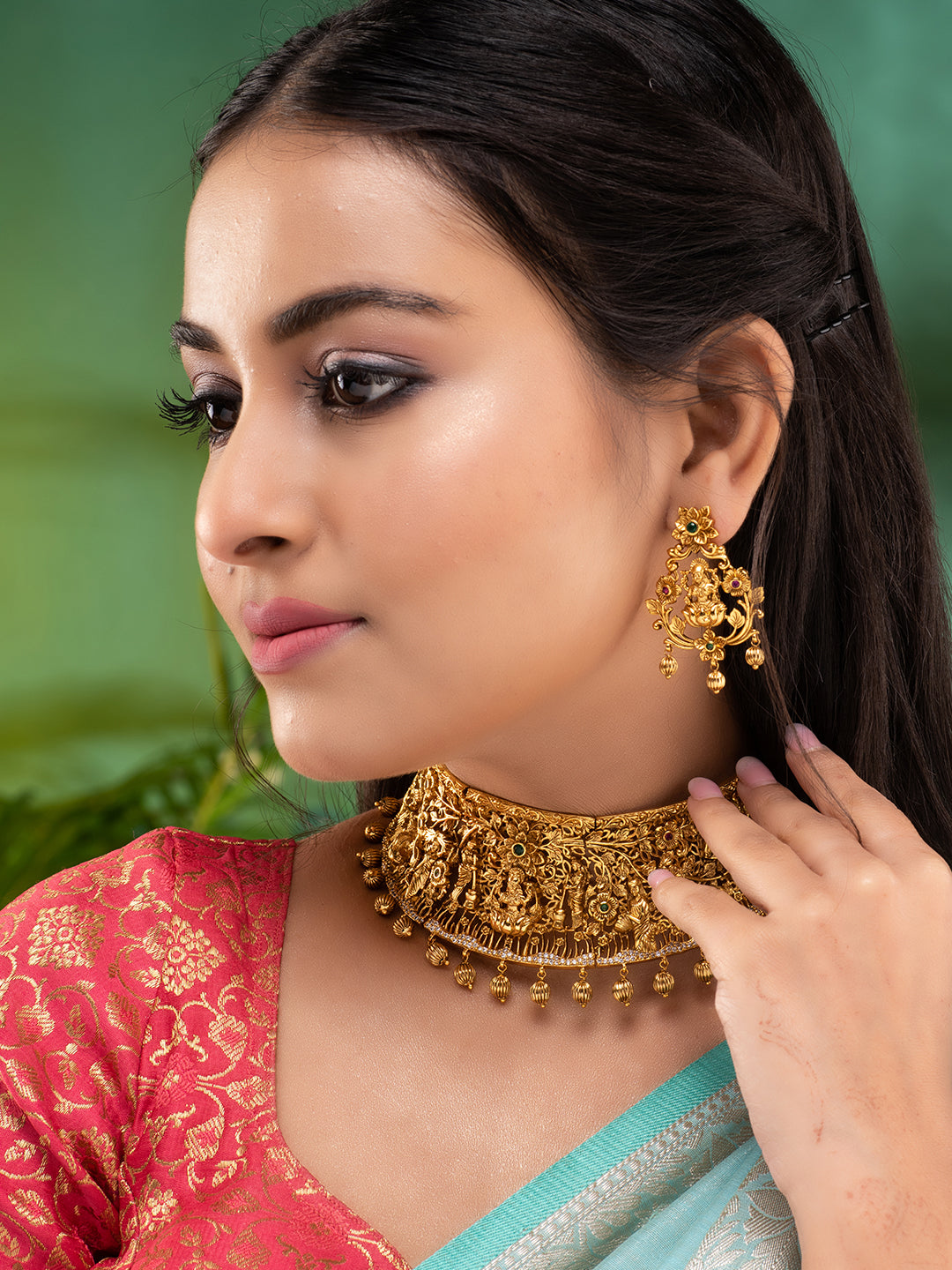 GoldPlated Green AD Embellished Shri Lakshmi Temple Choker Jewellery Set, zaveri pearls, sale price rs, sale price, sale gold plated, sale gold, sale, rubans, ring, regular price, priyassi je