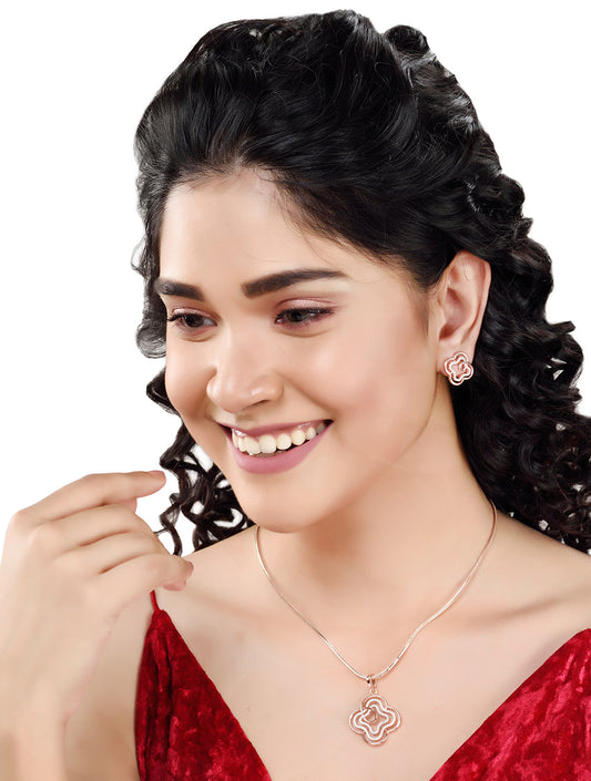 Rose Gold plated AD studded Floral design Pendant Earrings set chain, zaveri pearls, sale price rs, sale price, sale gold plated, sale gold, sale, rubans, ring, regular price, priyassi jewell