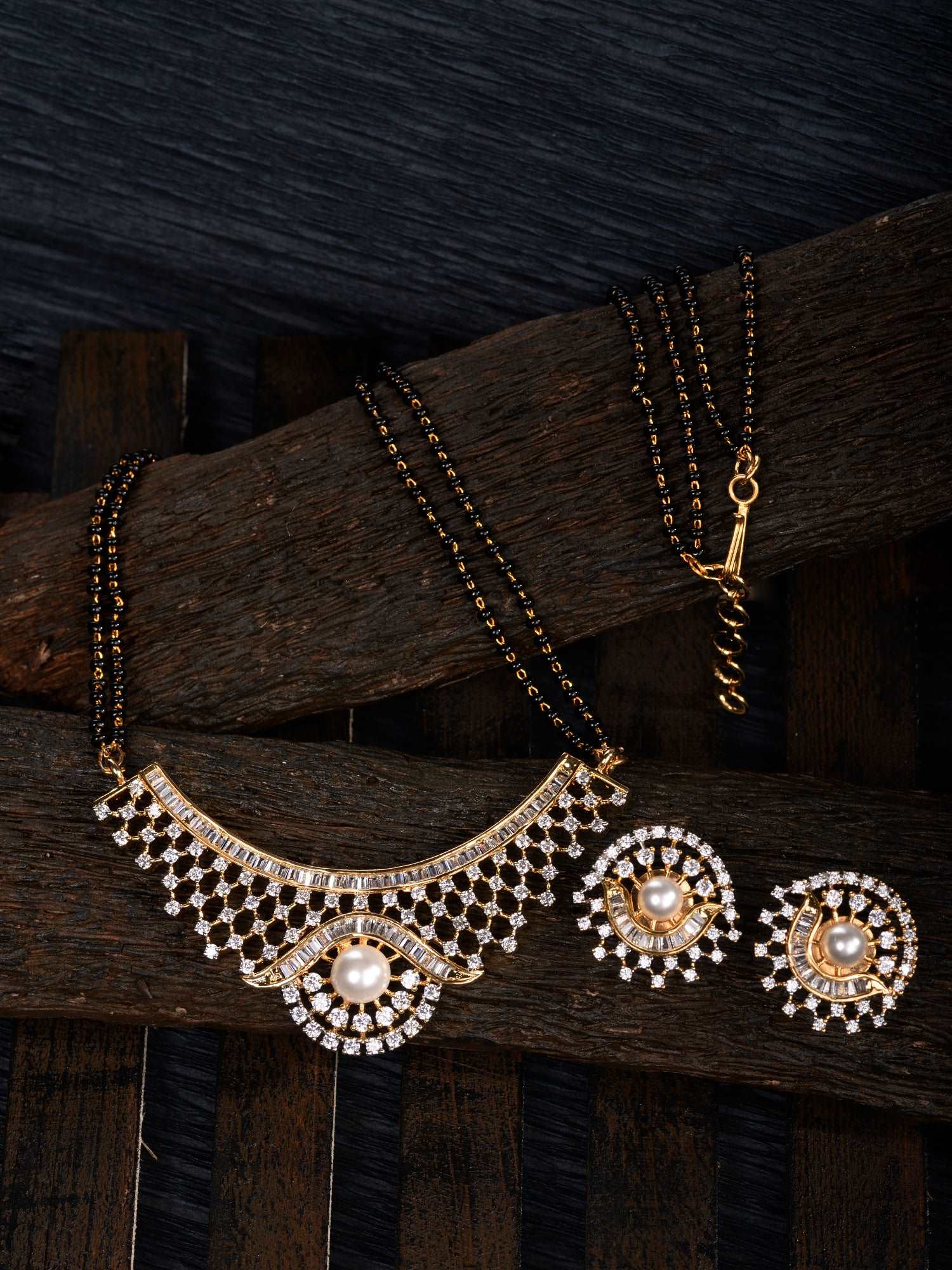 Gold Plated Black & White AD Studded & Beaded Mangalsutra Earrings, zaveri pearls, sale price rs, sale price, sale gold plated, sale gold, sale, rubans, ring, regular price, priyassi jeweller