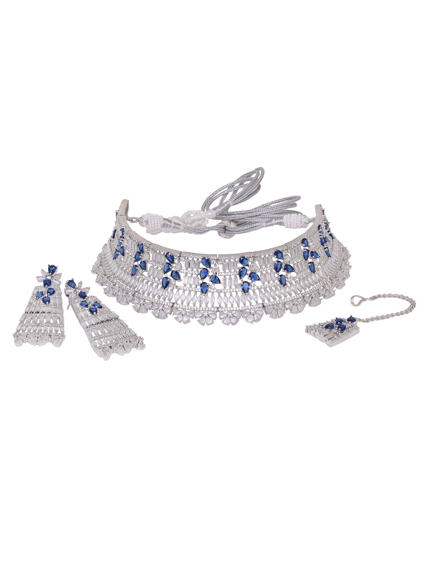 Silver Toned Blue Studded Designer Choker Jewellery Set mang Tika, zaveri pearls, sale price rs, sale price, sale gold plated, sale gold, sale, rubans, ring, regular price, priyassi jewellery