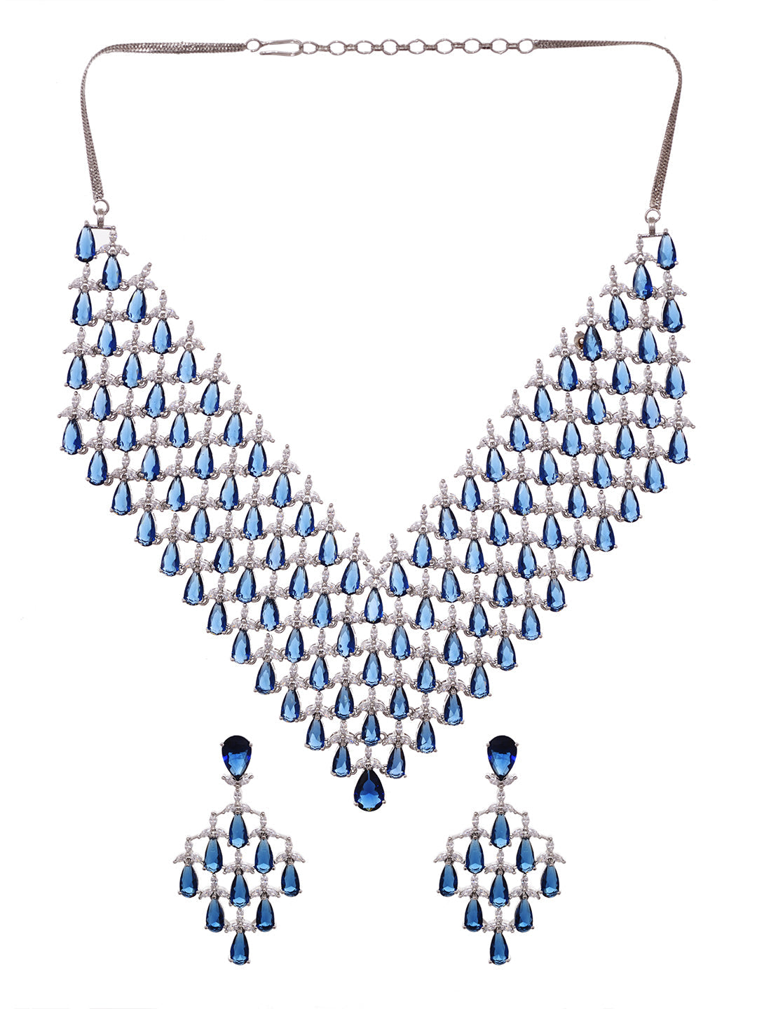 Silver Plated Blue Sapphire AD Studded Statement Necklace Jewellery set, zaveri pearls, sale price rs, sale price, sale gold plated, sale gold, sale, rubans, ring, regular price, priyassi jew