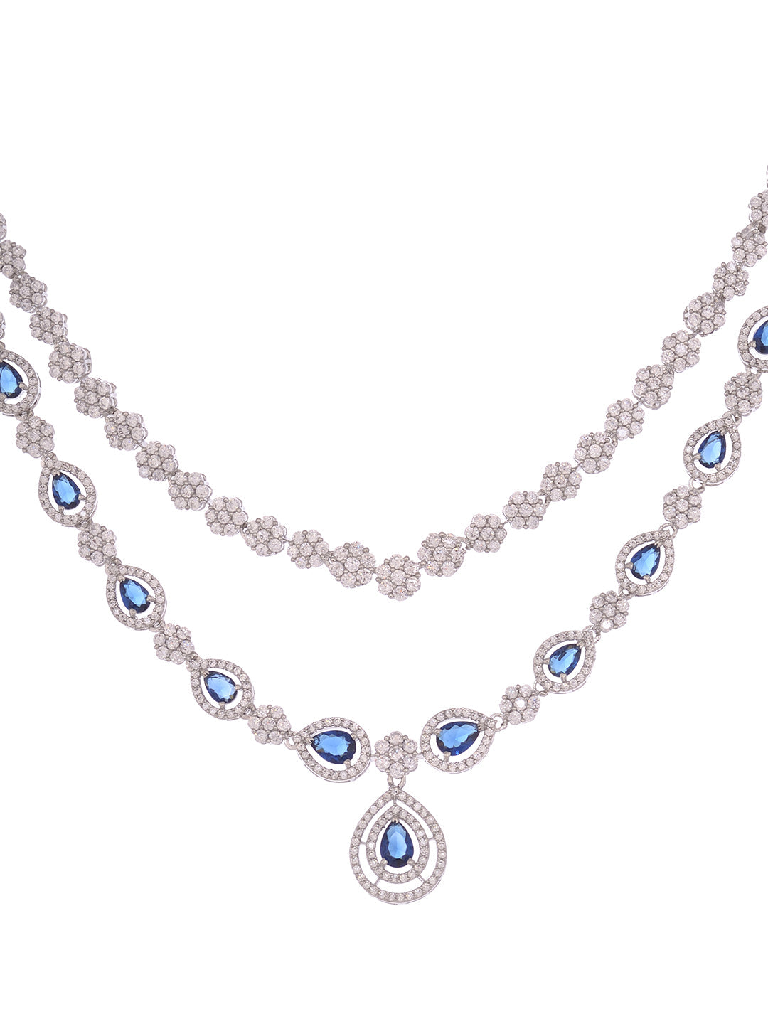 Silver Toned Blue AD studded double layer Necklace jewellery Set, zaveri pearls, sale price rs, sale price, sale gold plated, sale gold, sale, rubans, ring, regular price, priyassi jewellery,