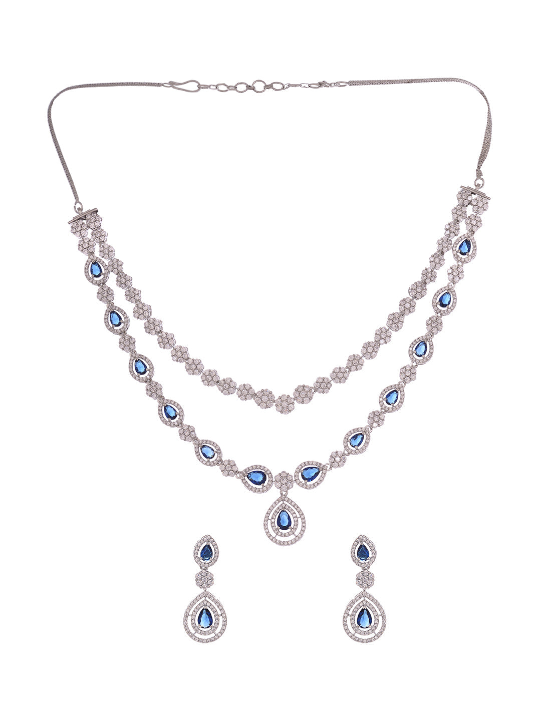 Silver Toned Blue AD studded double layer Necklace jewellery Set, zaveri pearls, sale price rs, sale price, sale gold plated, sale gold, sale, rubans, ring, regular price, priyassi jewellery,