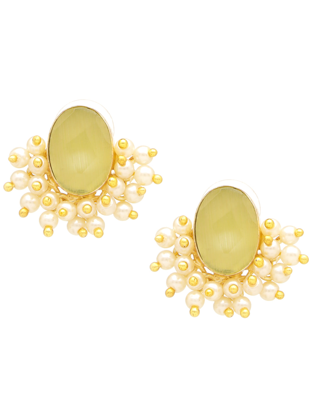 Gold Plated Green Stone & Pearl Beaded Earrings