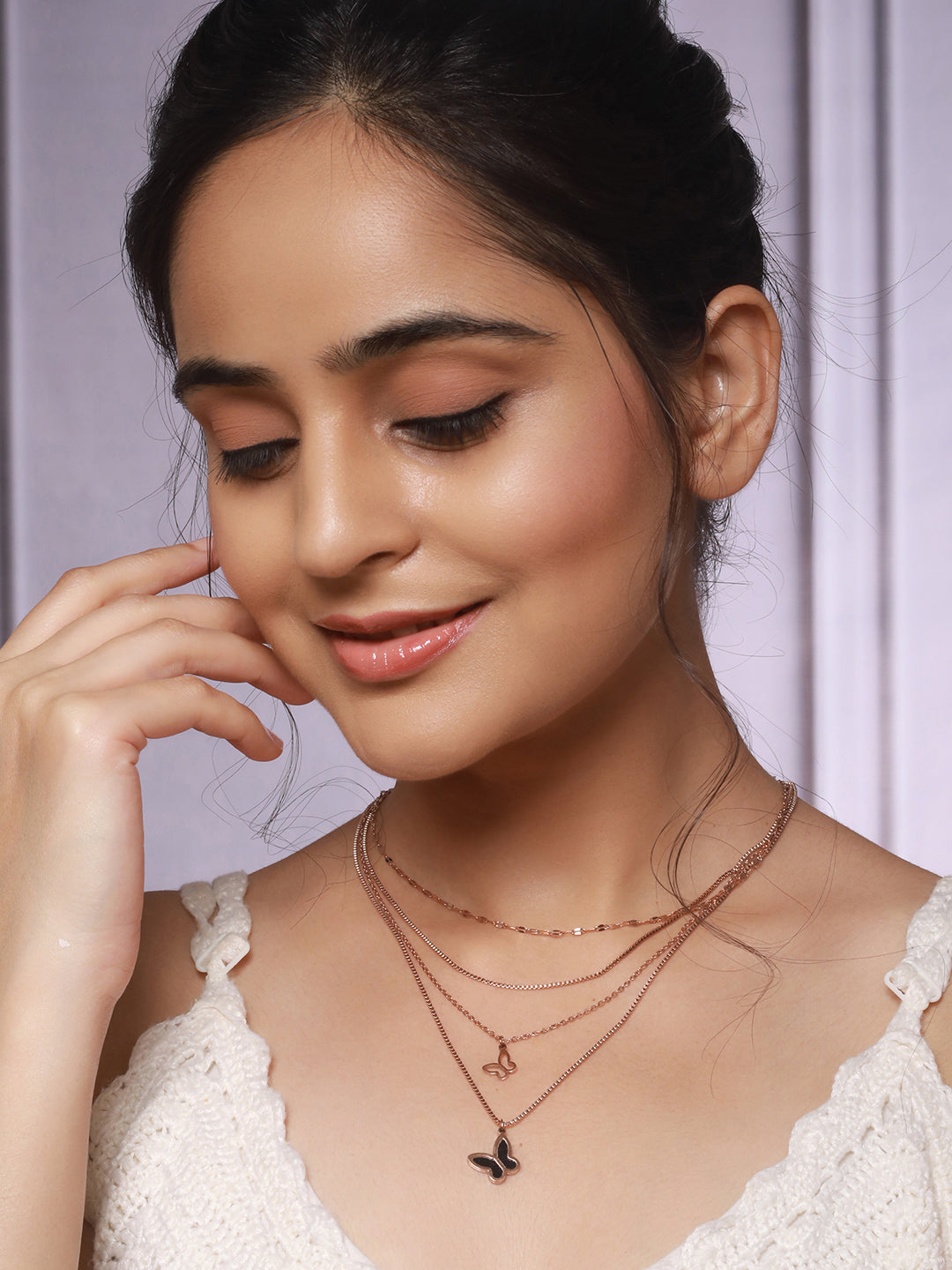 Anti-Tarnish Rose Gold  4 layered Chunky Shadow  Butterfly Pendant Necklace & Chain