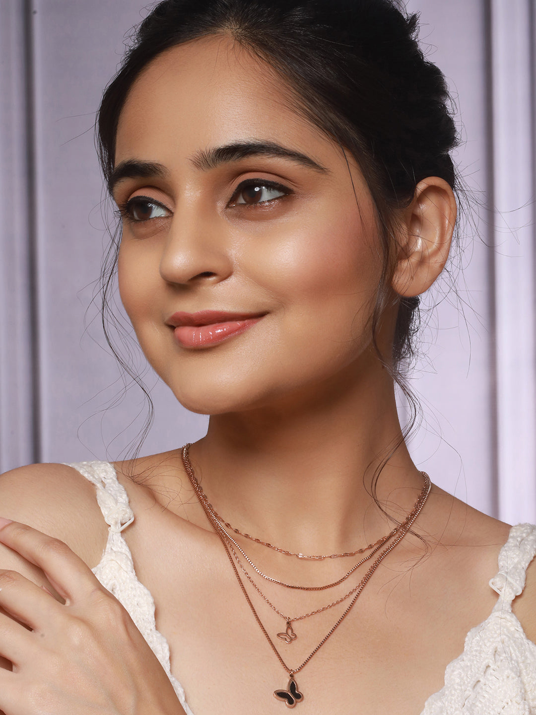 Anti-Tarnish Rose Gold  4 layered Chunky Shadow  Butterfly Pendant Necklace & Chain