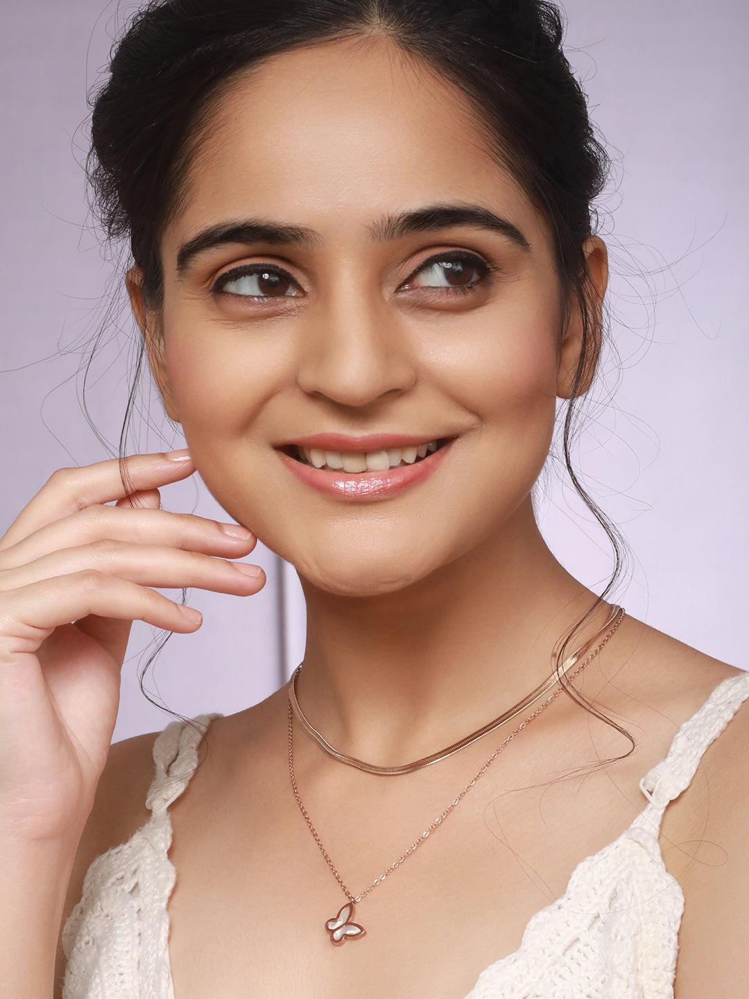 Anti-Tarnish Rose Gold Polish Layered Snake Chain Butterfly Necklace & Chain