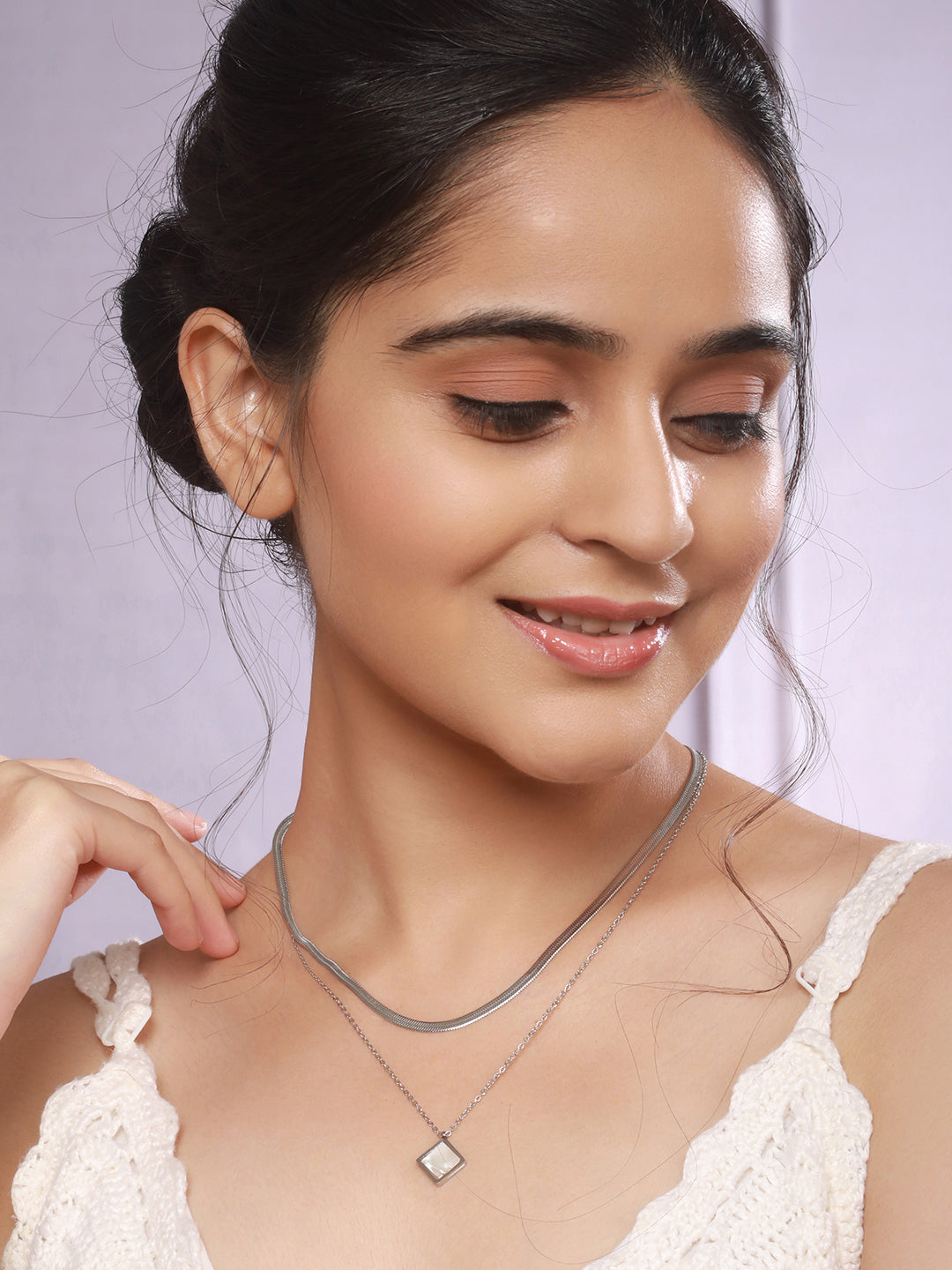 Anti-Tarnish Steel Rhodium Plated layered Snake Chain Faux Pearl Studded Necklace & Chain