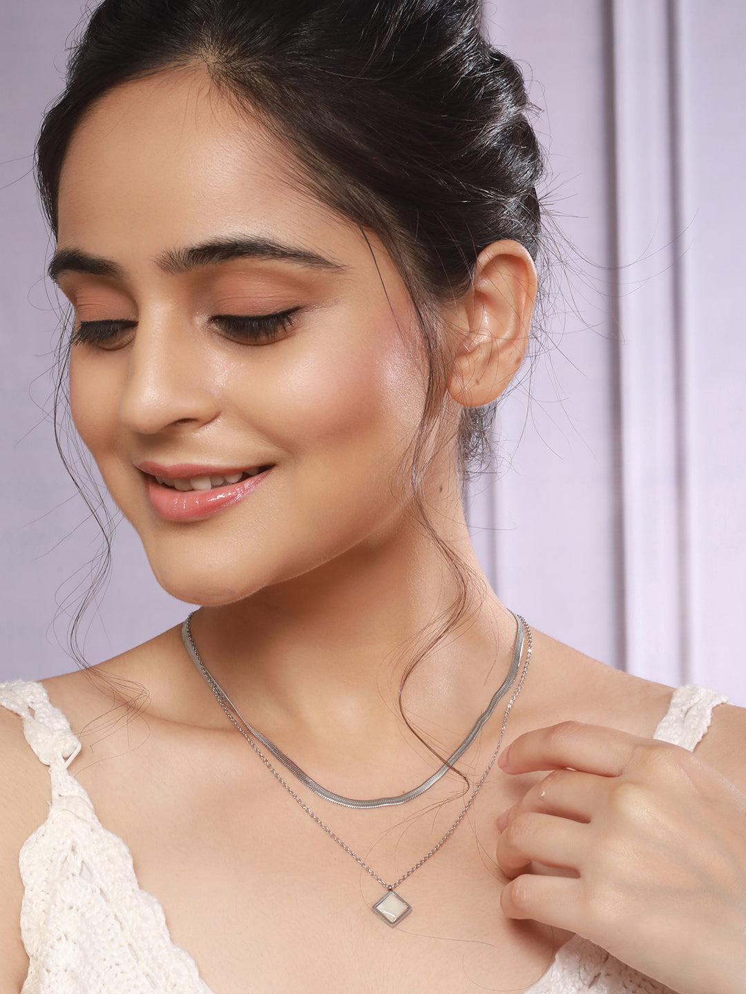 Anti-Tarnish Steel Rhodium Plated layered Snake Chain Faux Pearl Studded Necklace & Chain