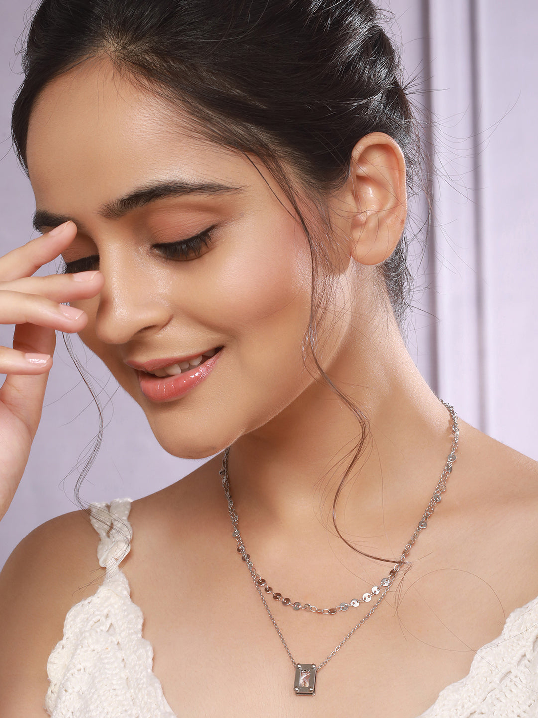 Anti-Tarnish Rhodium Plated Layered Ball Chain Shiny Geometric Square Stone  Necklace & Chain