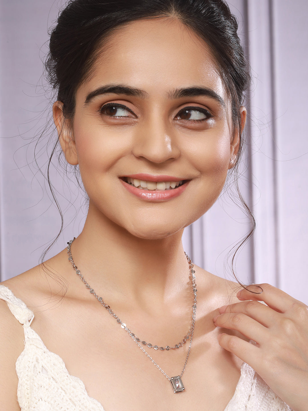 Anti-Tarnish Rhodium Plated Layered Ball Chain Shiny Geometric Square Stone  Necklace & Chain